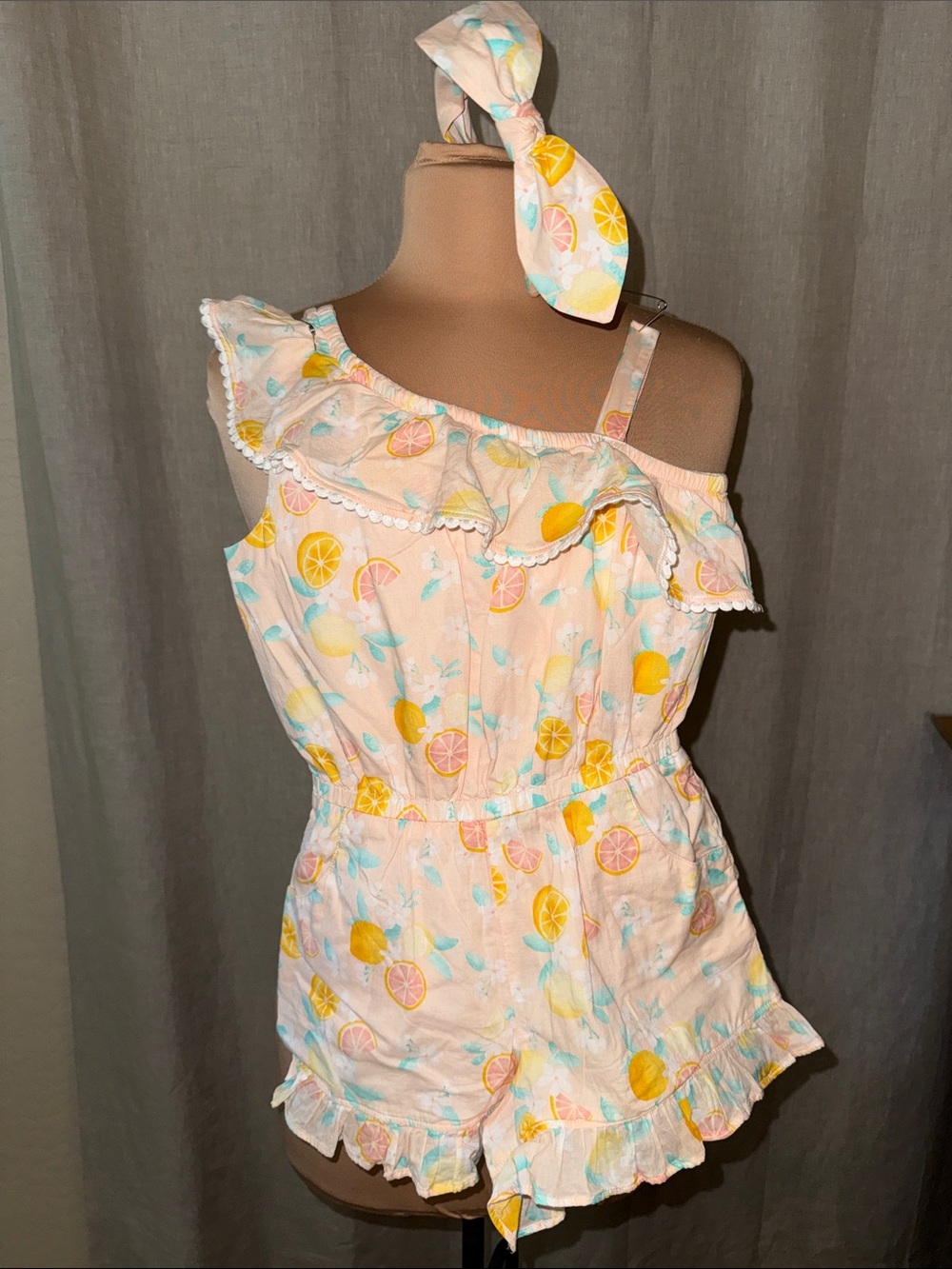 Janie & Jack Pink Citrus Ruffle One-Shoulder Romper sz6 with Headband